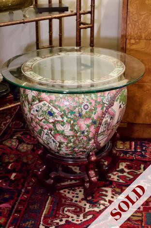 Asian fish bowl pot on stand w/ glass table top