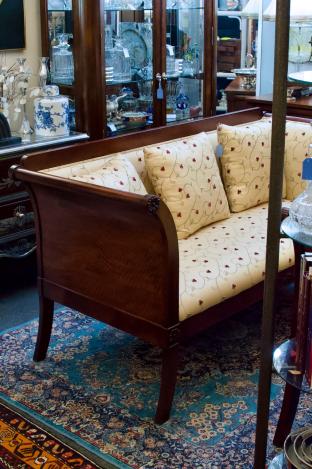 Regency style loveseat & matching chair w/ silk upholstery