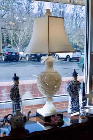 Large carved alabaster lamp w/ amazing finial