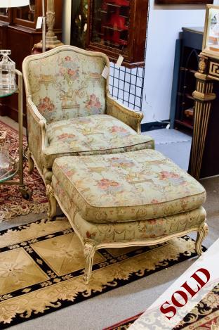 Painted Louis XV style Bergere chair w/ ottoman