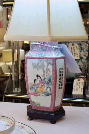 Pair of pink, aqua, multi figurine Asian lamps