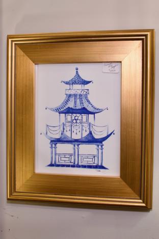 Framed blue & white pagoda