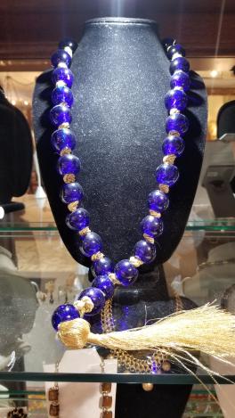Large cobalt blue glass beads necklace