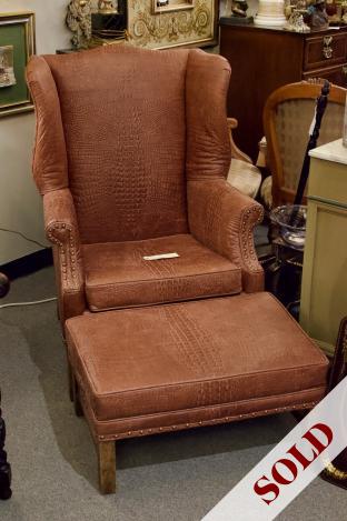 All leather wing back chair & ottoman