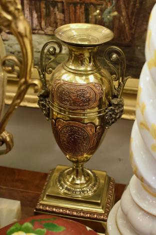 Pair of brass & copper urns