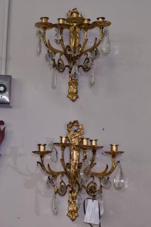 Pair of gold, crystal wall sconces