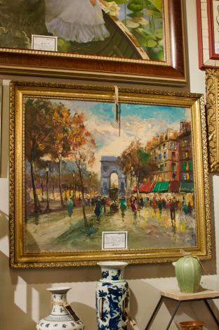 Paris street scene w/ figures, carriage - painting