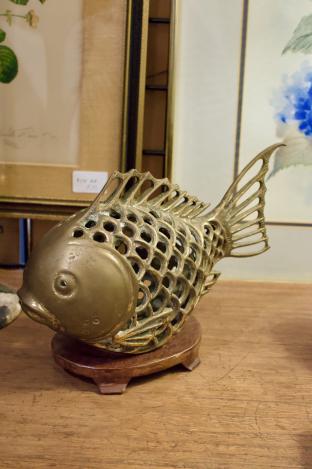 Vintage brass pierced fish on stand