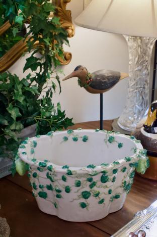 Green & white oval planter / cachepot