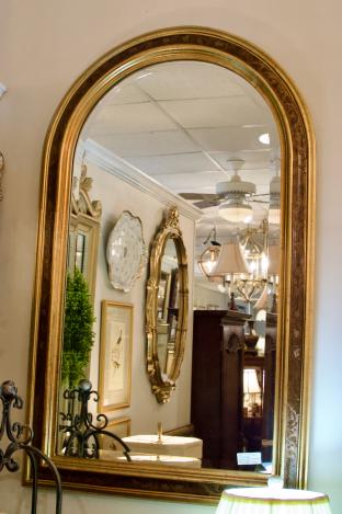 Vintage mahogany & brass bevel arch mirror