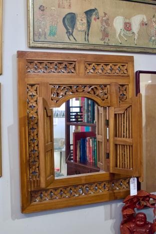 South East Asian carved mirror w/ open/close gate