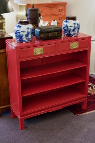 Oriental red lacquered book shelf w/ drawers