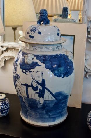 Pair of large blue & white lidded jars