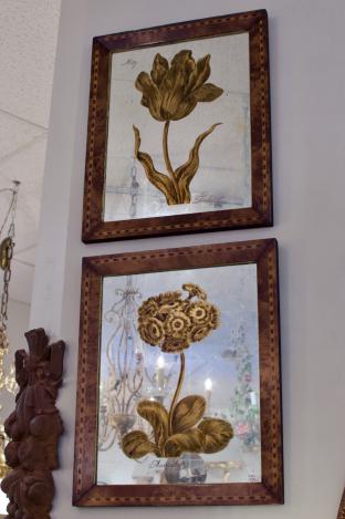 Pair of reverse painted mirrored botanical flowers