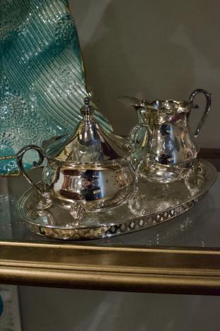 Sheffield silver tray, creamer, sugar