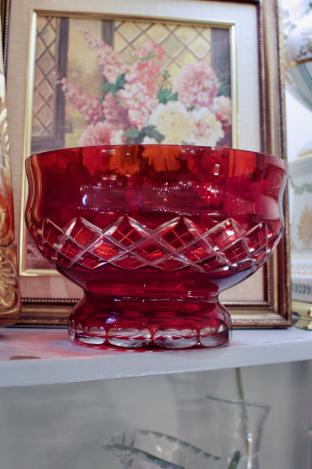 8” diameter red to clear cut crystal bowl