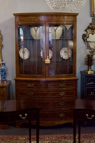 English inlaid burl wood chest & bookcase