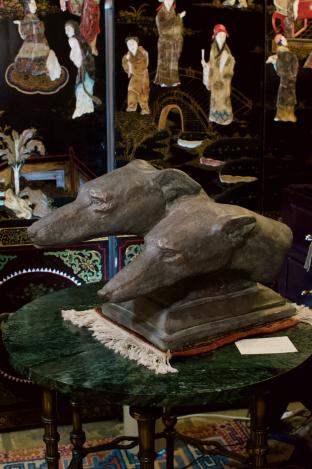 Art Deco, early 20th C bronzed composition stone study of two greyhound heads