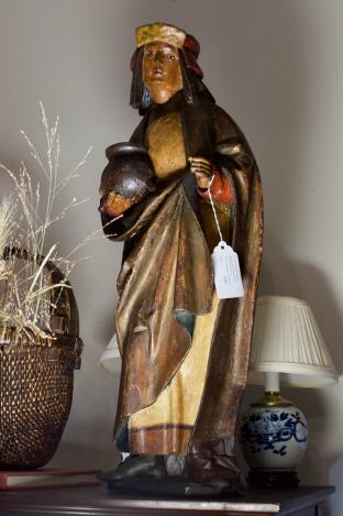 16th-17th century France hand carved polychrome wood figure of a saint, Cosmas
