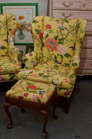 Pair of wing chairs and ottoman