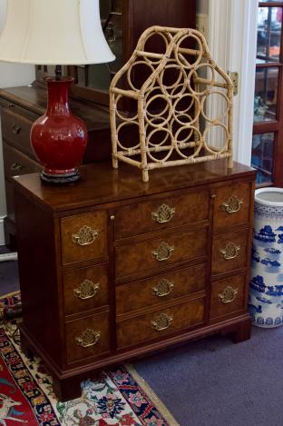 Baker Chippendale style burl walnut flip top serving chest