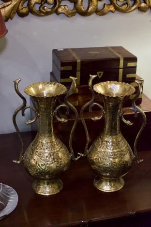 Antique engraved brass Indian vase pair