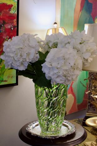 Bohemian cut glass large vase w/ silk white hydrangeas