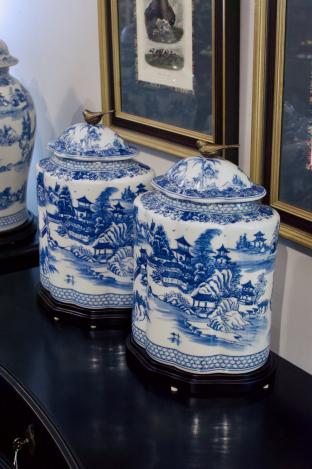 Pair of blue & white jars w/ base