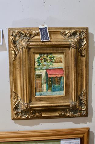 street cafe scene - oil on panel; signed painting