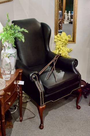 Leather craft navy solid leather Queen Anne chair