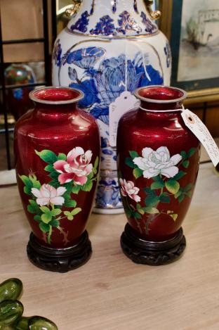 Pair of Ginbari 8” cloisonné vases on stands