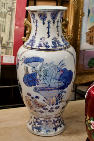 Pair of blue & white vases - gold handles