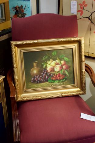 Still life oil on canvas fruit basket w/ jug