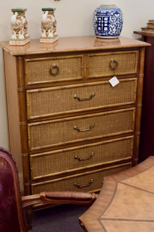 Vintage wicker front / faux bamboo tallboy