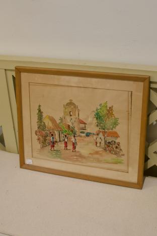 Vintage watercolor of mission church