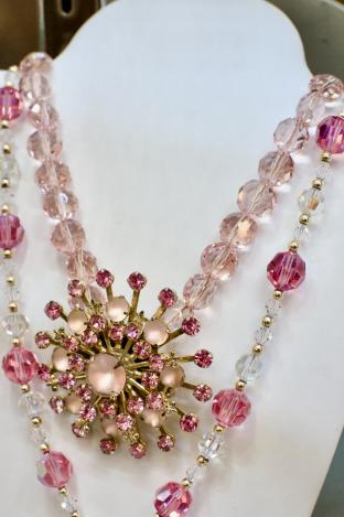 Pink crystal w/ frosted glass rhinestone pin necklace