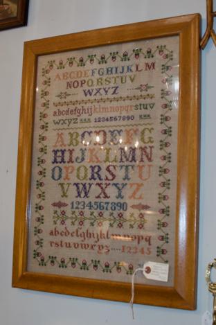 Brightly colored Dutch sampler, framed (Antwerp)