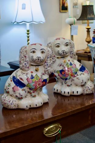 Pair of tobacco leaf Staffordshire dogs