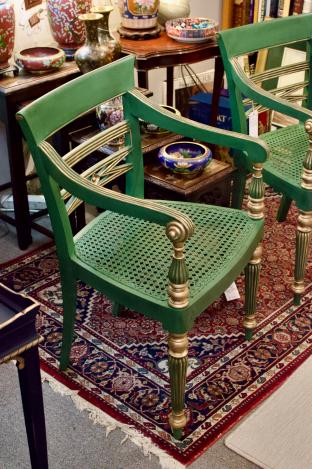 Pair of regency style cane bottom painted & gilded chairs
