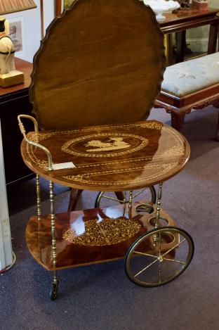 Vintage Italian tiered marquetry drop-leaf dessert / bar cart trolley c. 1950-60s