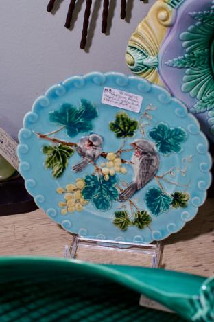 Antique French majolica yellow birds & berries plate