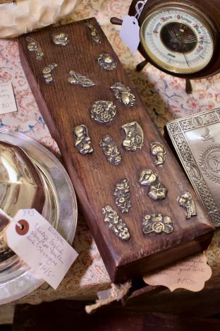 Unusual rectangular box w/ brass Japanese good luck charms