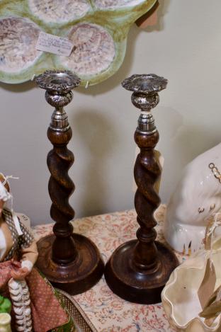 Pair of 1920’s-30’s oak barley twist candlesticks