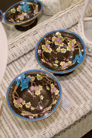 Exquisite matching pair of cloisonné bowls on carved stands