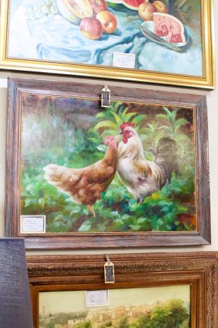 Rooster & hen in an impressionist landscape