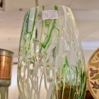 Mid century green/white ribbon over clear vase
