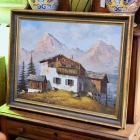 Oil on canvas of mountain cabin