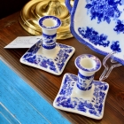 Pair of blue & white Churchill pottery candlesticks
