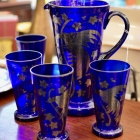 Glass cobalt pitcher & 4 glasses