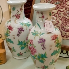 Pair of white & pastel Asian vases w/ dragonfly